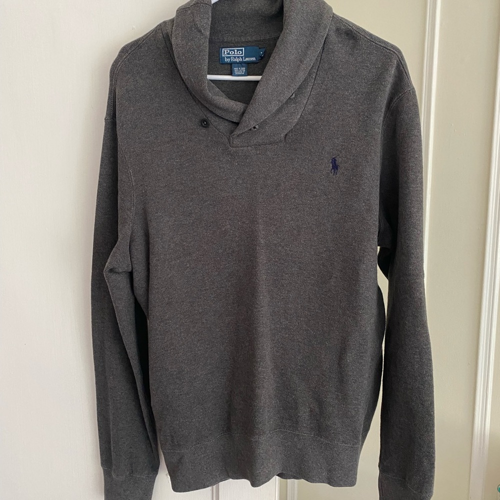 A dark grey quarter button sweater from Polo Ralph Lauren.